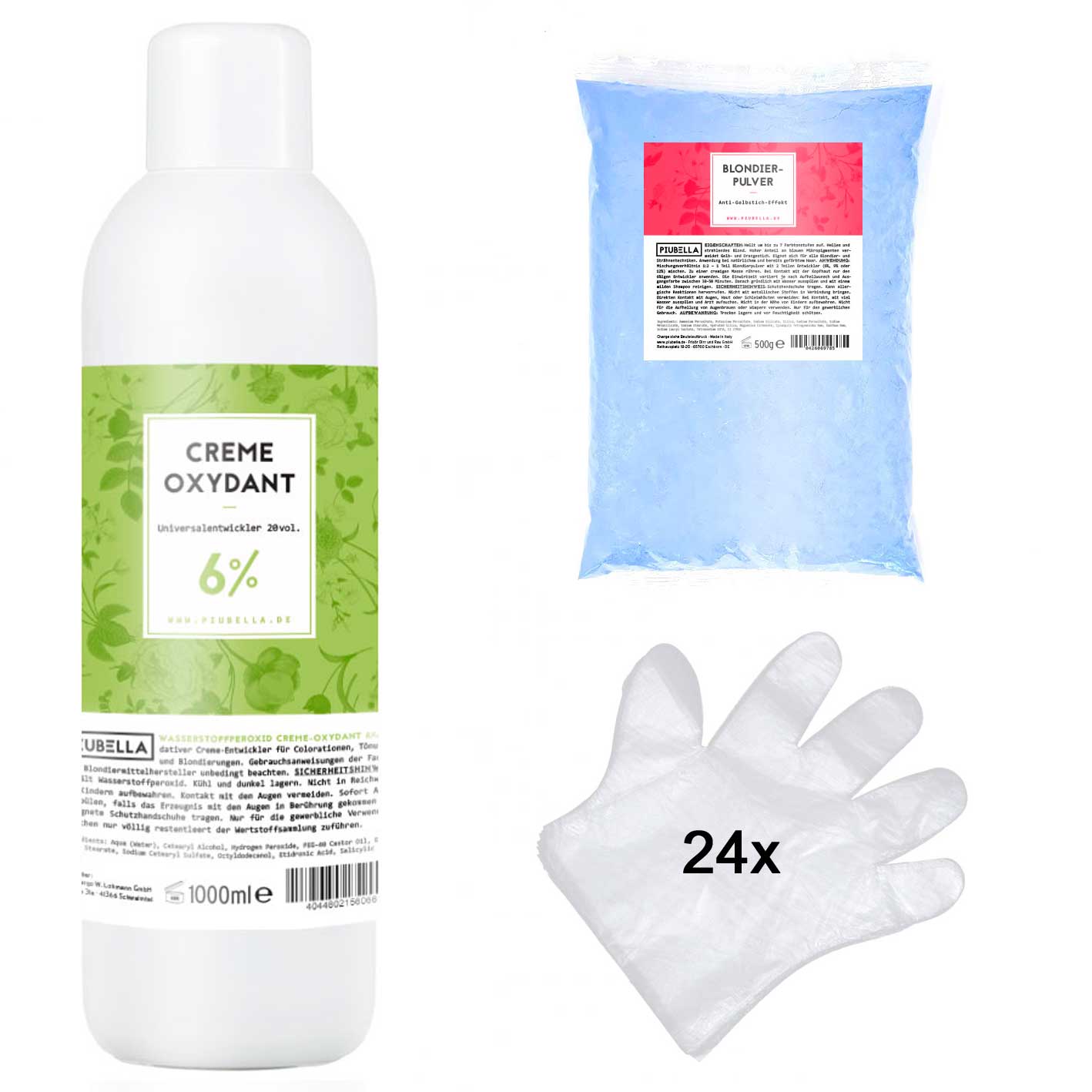 Piubella Creme Oxydant Universal Entwickler 6% 1000 ml + 500g Blondierpulver + 24 Einmal-Handschuhe